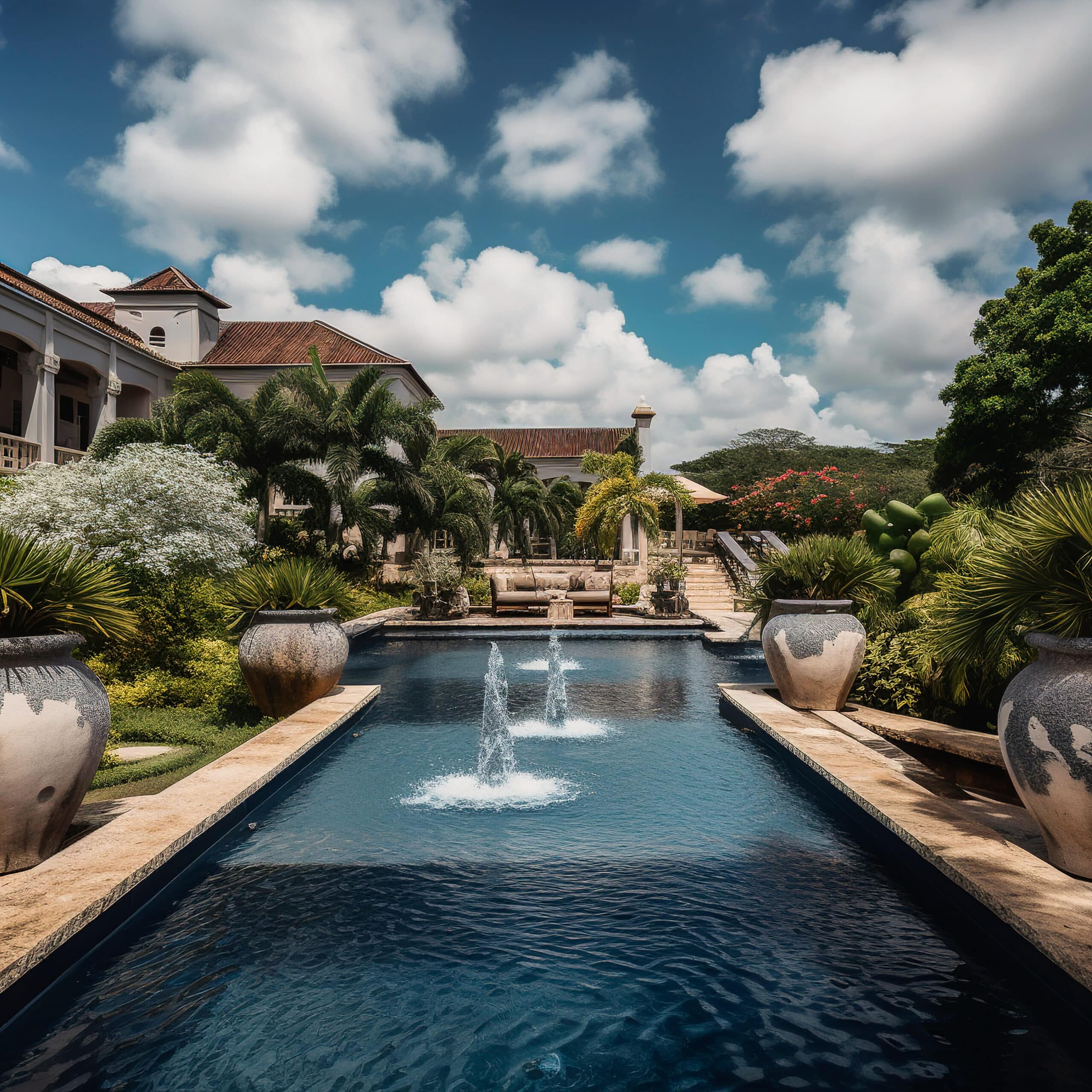 Generative AI illustration of luxury pool and green of colonial - style porch with sofas, tables and chairs made of natural wood and many plants and flowers, blue sky with white cloud. luxury concept