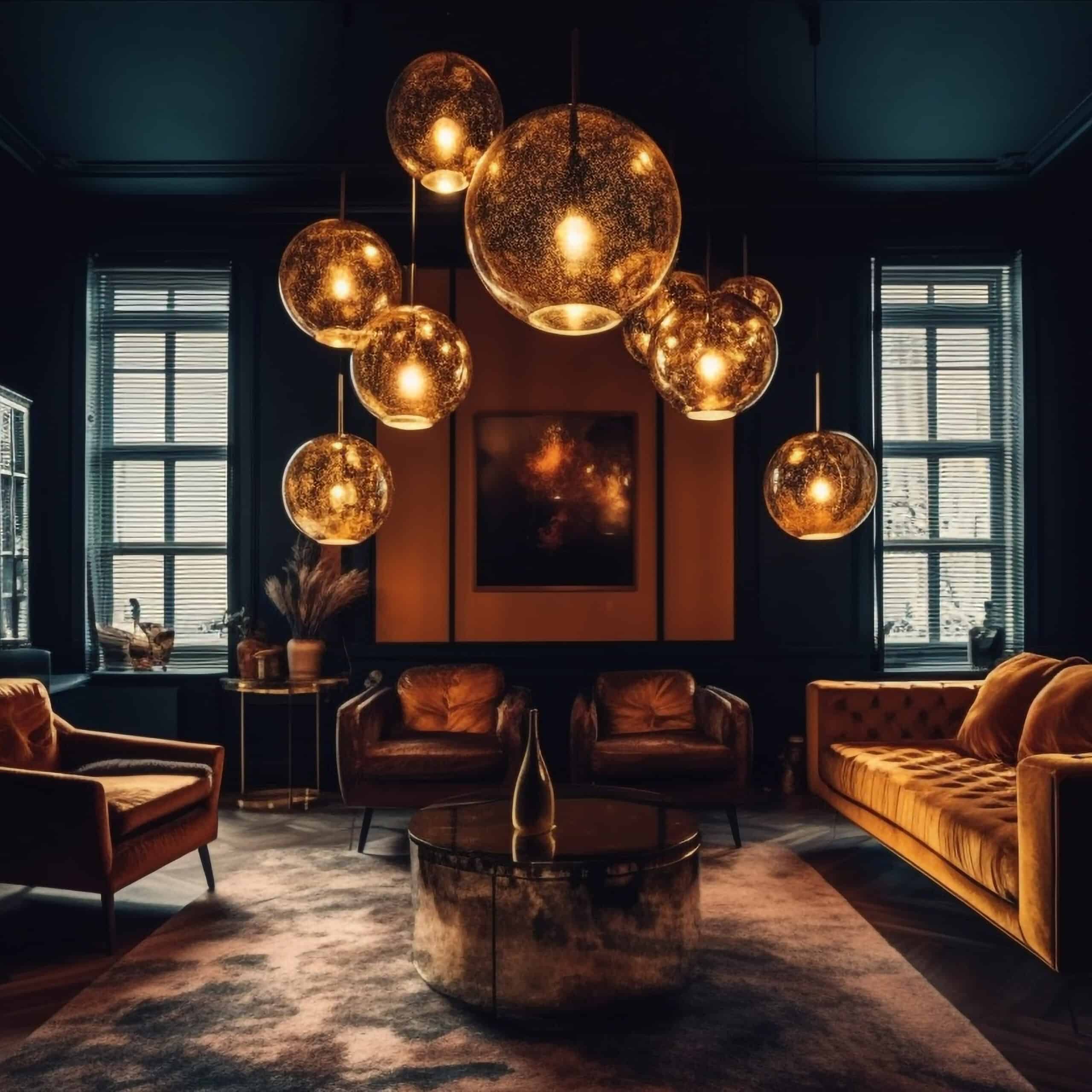 Luxury modern living room illuminated by lantern generated by artificial intelligence